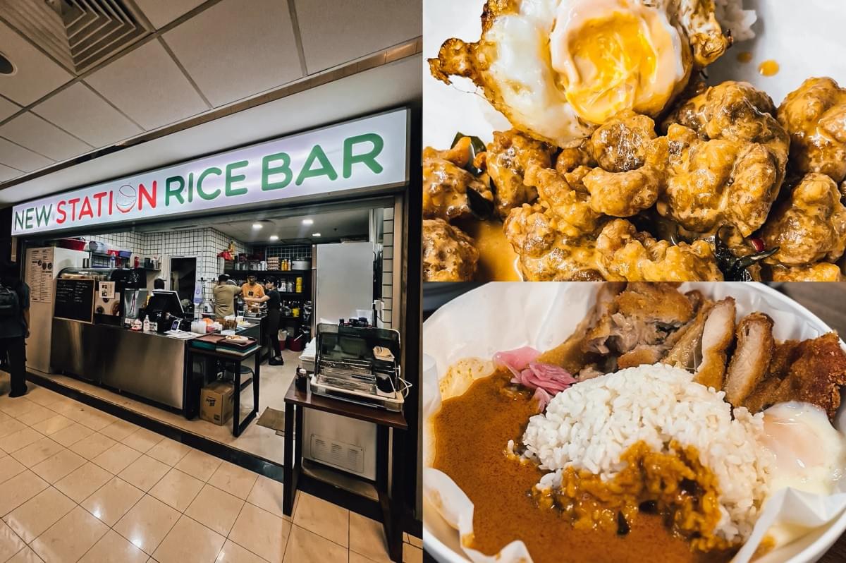 Eye-level wide-angle. Left: New Station Rice Bar storefront inside a food court, featuring a large illuminated sign above an open kitchen counter, stainless-steel equipment, tiled walls, overhead ceiling panels, and preparation workstations under bright indoor lighting. Upper Right: Close-up view of crispy fried pieces coated in a glossy orange-brown sauce, topped with a fried egg with a soft golden yolk, highlighting crunchy textures and rich sauce details. Lower Right: Close-up of a rice bowl with white rice, sliced breaded cutlet, creamy curry-style sauce, pink pickled garnish, and a soft-cooked egg, presented in a paper-lined bowl with warm lighting emphasizing contrasting textures. Eye-level wide-angle. Left: New Station Rice Bar storefront inside a food court, featuring a large illuminated sign above an open kitchen counter, stainless-steel equipment, tiled walls, overhead ceiling panels, and preparation workstations under bright indoor lighting. Upper Right: Close-up view of crispy fried pieces coated in a glossy orange-brown sauce, topped with a fried egg with a soft golden yolk, highlighting crunchy textures and rich sauce details. Lower Right: Close-up of a rice bowl with white rice, sliced breaded cutlet, creamy curry-style sauce, pink pickled garnish, and a soft-cooked egg, presented in a paper-lined bowl with warm lighting emphasizing contrasting textures.