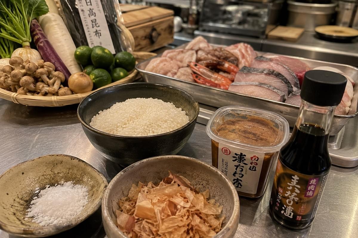 A detailed culinary prep layout arranged on a stainless steel commercial kitchen counter, showcasing fresh ingredients for Japanese cuisine. In the foreground sit small ceramic bowls containing coarse sea salt, delicate boned katsuobushi flakes, and uncooked short-grain white rice, alongside a plastic tub of rich miso paste and a dark glass bottle of soy sauce with Japanese character labeling. Behind them, a metal tray holds sliced raw fish fillets, whole prawns, and cuts of pork, while a woven basket in the background displays fresh daikon radishes, leafy greens, brown shimeji mushrooms, small green sudachi citrus fruits, and a package of dried kombu kelp. A detailed culinary prep layout arranged on a stainless steel commercial kitchen counter, showcasing fresh ingredients for Japanese cuisine. In the foreground sit small ceramic bowls containing coarse sea salt, delicate boned katsuobushi flakes, and uncooked short-grain white rice, alongside a plastic tub of rich miso paste and a dark glass bottle of soy sauce with Japanese character labeling. Behind them, a metal tray holds sliced raw fish fillets, whole prawns, and cuts of pork, while a woven basket in the background displays fresh daikon radishes, leafy greens, brown shimeji mushrooms, small green sudachi citrus fruits, and a package of dried kombu kelp.