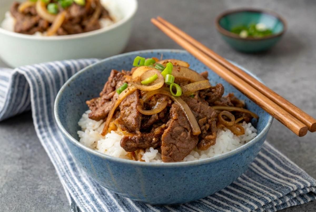 Japanese beef rice bowl topped with sautéed onions and sliced green onions. Japanese beef rice bowl topped with sautéed onions and sliced green onions.
