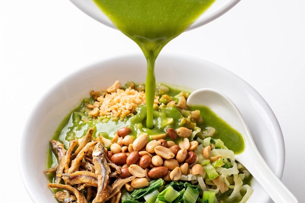 Pouring green soup on rice and beans Pouring green soup on rice and beans