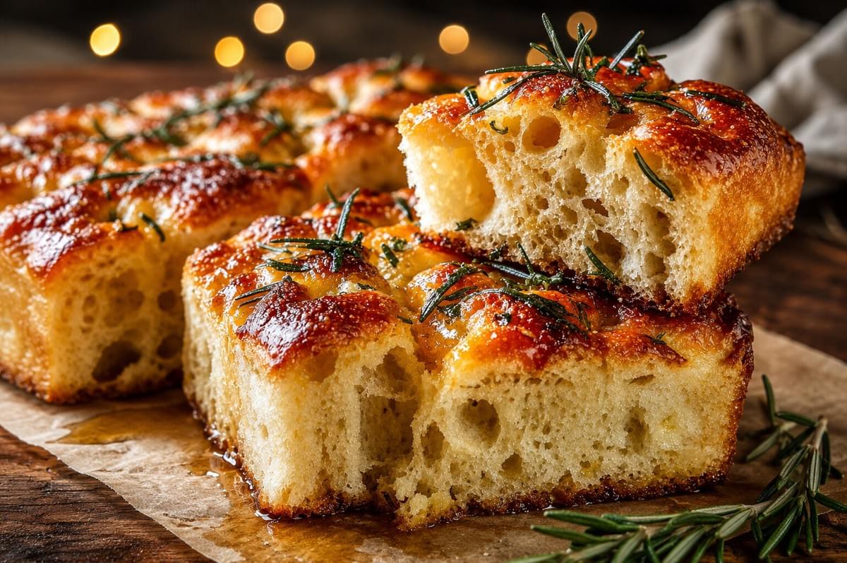 Close-up of thick, square slices of golden-brown rosemary focaccia bread on parchment paper, showing a fluffy, porous interior crumb and a glossy, olive-oil-brushed crust. Close-up of thick, square slices of golden-brown rosemary focaccia bread on parchment paper, showing a fluffy, porous interior crumb and a glossy, olive-oil-brushed crust.