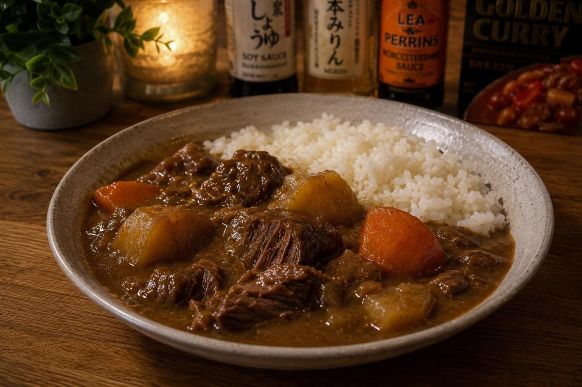 A beautifully styled, warm-toned food photograph of the finished beef curry and rice served in a shallow ceramic bowl on a wooden tabletop. The lighting is soft and atmospheric, catching the glint of the rich, savory gravy and highlighting the tender texture of a prominent chunk of shredded beef in the foreground. In the softly blurred background, a small green plant, a glowing candle, bottles of soy sauce, mirin, Worcestershire sauce, and a box of S&B Golden Curry complete the cozy dining ambiance. A beautifully styled, warm-toned food photograph of the finished beef curry and rice served in a shallow ceramic bowl on a wooden tabletop. The lighting is soft and atmospheric, catching the glint of the rich, savory gravy and highlighting the tender texture of a prominent chunk of shredded beef in the foreground. In the softly blurred background, a small green plant, a glowing candle, bottles of soy sauce, mirin, Worcestershire sauce, and a box of S&B Golden Curry complete the cozy dining ambiance.