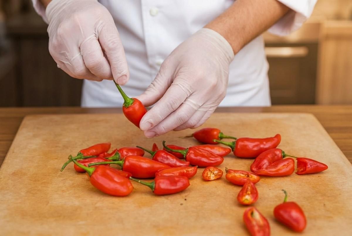 A chef wearing white gloves holding and prepping small red chili peppers on a wooden cutting board. A chef wearing white gloves holding and prepping small red chili peppers on a wooden cutting board.