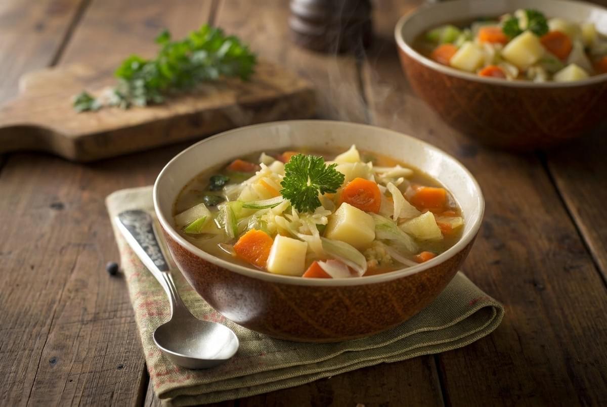 Steaming bowl of hearty vegetable soup with potatoes, carrots, and cabbage topped with fresh parsley. Steaming bowl of hearty vegetable soup with potatoes, carrots, and cabbage topped with fresh parsley.