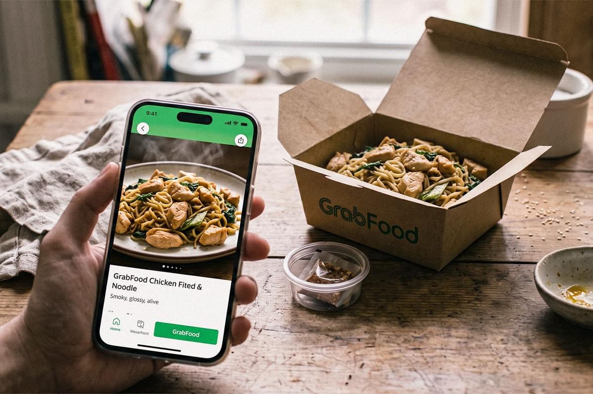 Hand holding a smartphone displaying chicken noodle photography beside a takeout box of the same dish on a wooden table. Hand holding a smartphone displaying chicken noodle photography beside a takeout box of the same dish on a wooden table.