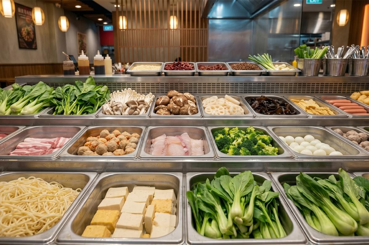 Chinese hot pot and malatang ingredient buffet bar with fresh vegetables, meats, tofu, and noodles. Chinese hot pot and malatang ingredient buffet bar with fresh vegetables, meats, tofu, and noodles.