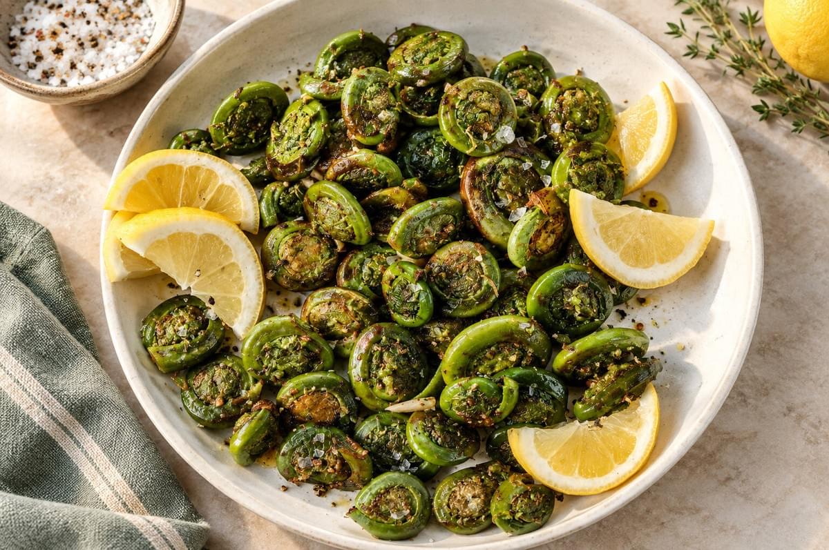 Roasted fiddlehead ferns served on a shallow plate garnished with lemon wedges and coarse salt. Roasted fiddlehead ferns served on a shallow plate garnished with lemon wedges and coarse salt.
