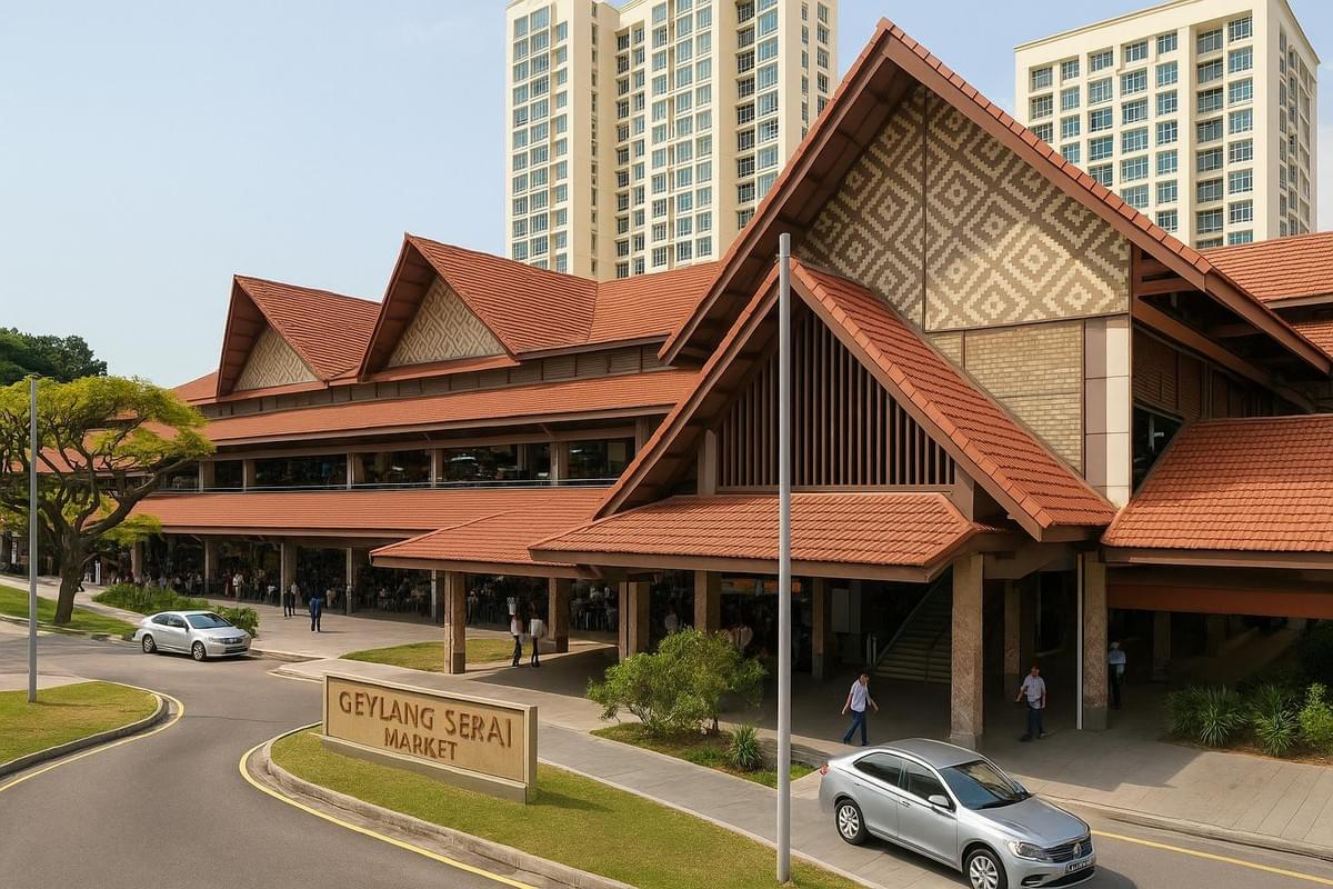 The image shows the exterior of the Geylang Serai Market, featuring its prominent traditional Malay-style tiered brown roofs with patterned gables. In the foreground, a curved driveway with silver cars wraps past a stone sign reading "GEYLANG SERAI MARKET," against a backdrop of modern high-rise residential buildings. The image shows the exterior of the Geylang Serai Market, featuring its prominent traditional Malay-style tiered brown roofs with patterned gables. In the foreground, a curved driveway with silver cars wraps past a stone sign reading "GEYLANG SERAI MARKET," against a backdrop of modern high-rise residential buildings.
