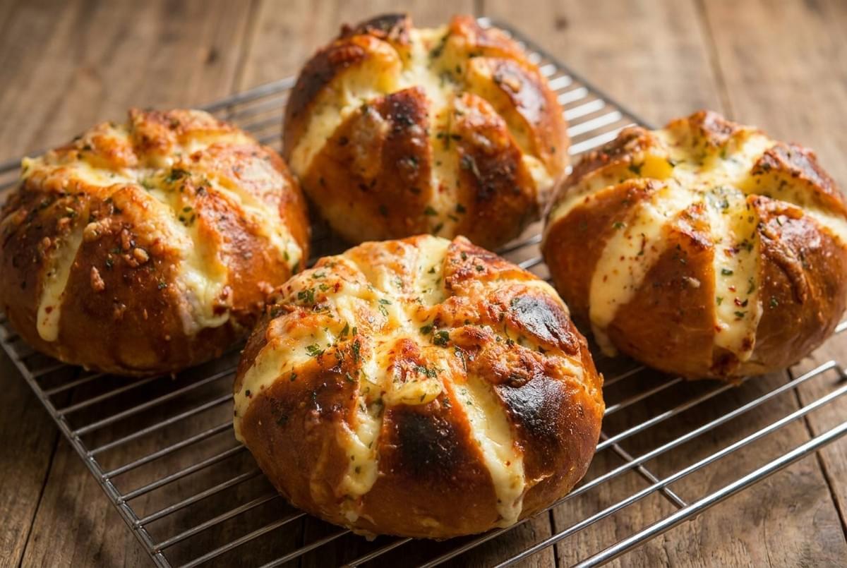 Four freshly baked Korean cream cheese garlic bread buns cooling on a wire rack. Four freshly baked Korean cream cheese garlic bread buns cooling on a wire rack.