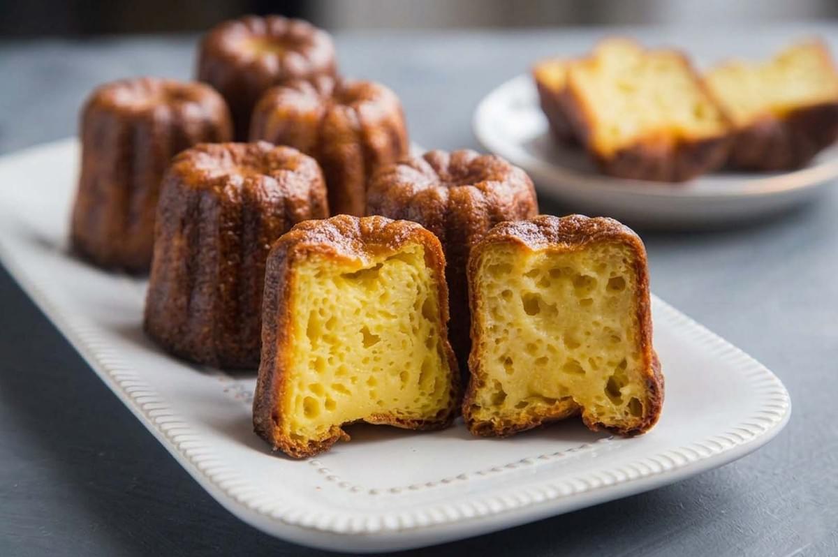 Plate of golden-brown canelés with one cut in half revealing the soft, custardy center Plate of golden-brown canelés with one cut in half revealing the soft, custardy center