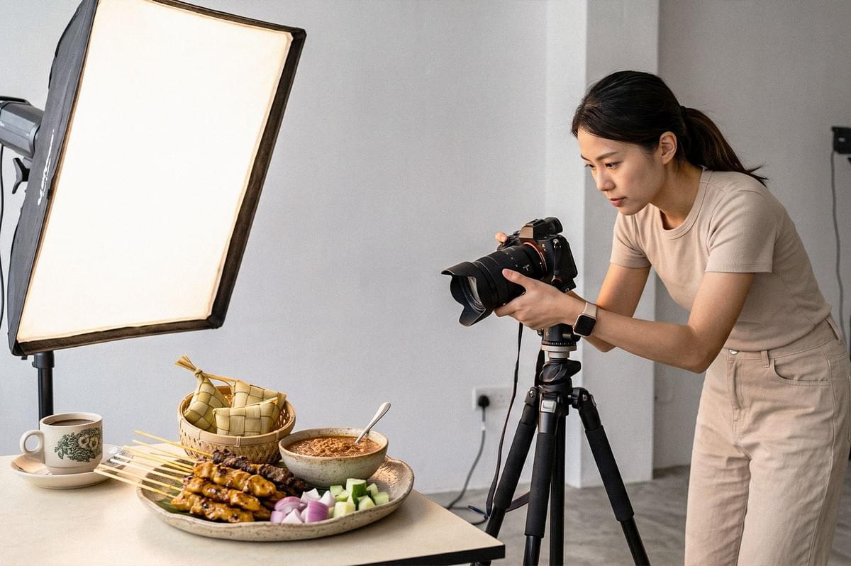 Food photographer photographing a plate of chicken satay with rice cakes, peanut sauce, cucumber, and onions using a camera on a tripod and studio lighting. Food photographer photographing a plate of chicken satay with rice cakes, peanut sauce, cucumber, and onions using a camera on a tripod and studio lighting.