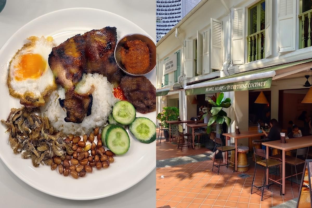 Nasi lemak with grilled chicken served at The Coconut Club restaurant storefront. Nasi lemak with grilled chicken served at The Coconut Club restaurant storefront.