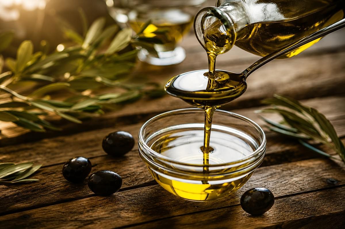 Golden olive oil pouring from a bottle onto a spoon and overflowing into a small glass bowl, surrounded by black olives on a rustic wooden table. Golden olive oil pouring from a bottle onto a spoon and overflowing into a small glass bowl, surrounded by black olives on a rustic wooden table.