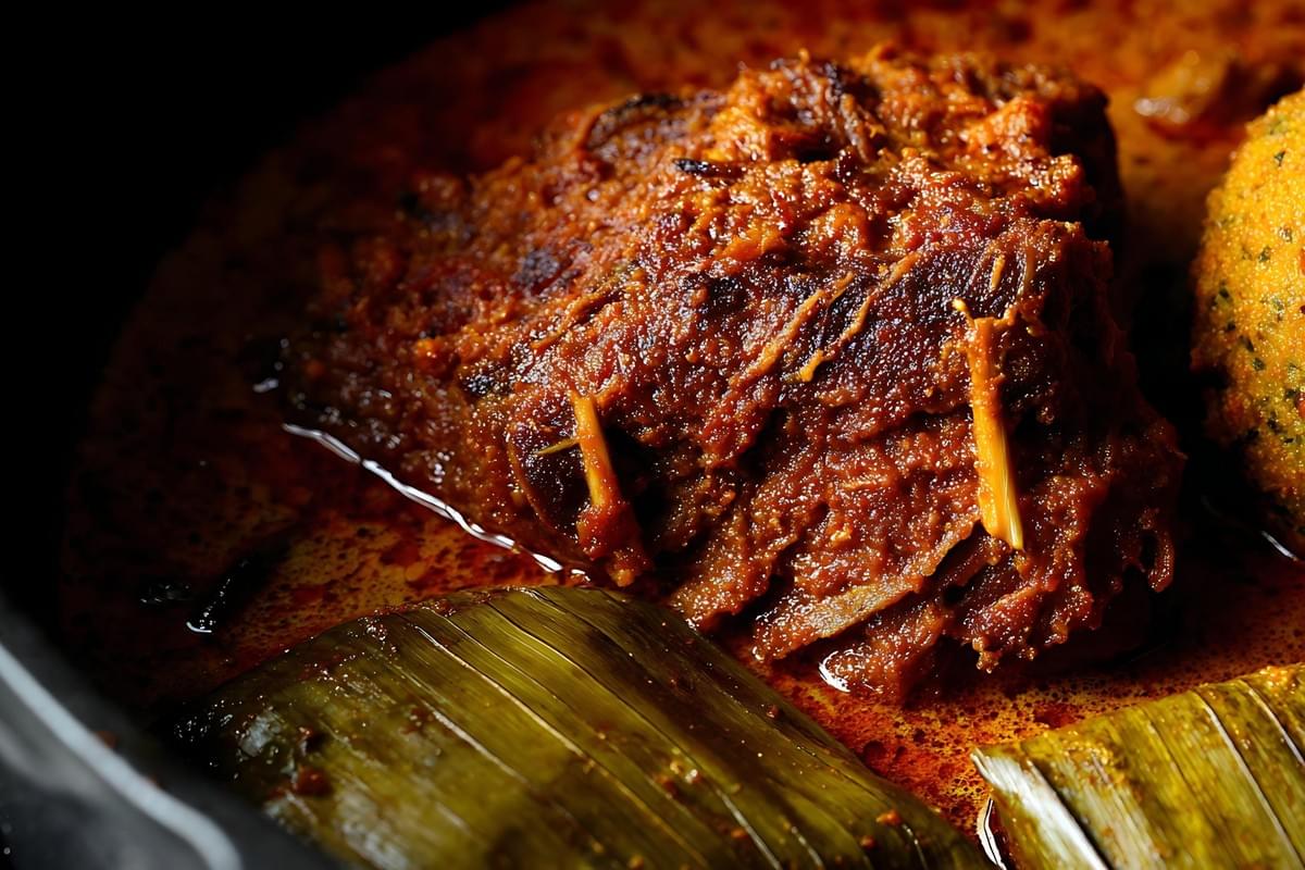 This appetizing close-up showcases a rich meat dish heavily coated in a thick, textured reddish-brown sauce that glistens under the light. Folded green banana leaves frame the savory meat at the bottom, suggesting a traditional cooking method and enhancing the vibrant presentation. This appetizing close-up showcases a rich meat dish heavily coated in a thick, textured reddish-brown sauce that glistens under the light. Folded green banana leaves frame the savory meat at the bottom, suggesting a traditional cooking method and enhancing the vibrant presentation.