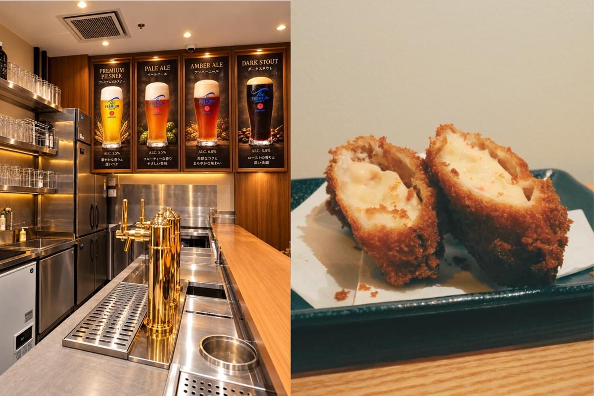 A split image shows a clean restaurant bar counter with golden beer taps and draft beer posters on the left. The right side features a close-up of a crispy, fried croquette sliced open to reveal a creamy center. A split image shows a clean restaurant bar counter with golden beer taps and draft beer posters on the left. The right side features a close-up of a crispy, fried croquette sliced open to reveal a creamy center.
