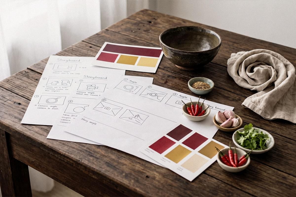 Food photography storyboard and color palette laid out on a rustic wooden table alongside bowls of herbs, chilies, garlic, and other cooking ingredients. Food photography storyboard and color palette laid out on a rustic wooden table alongside bowls of herbs, chilies, garlic, and other cooking ingredients.