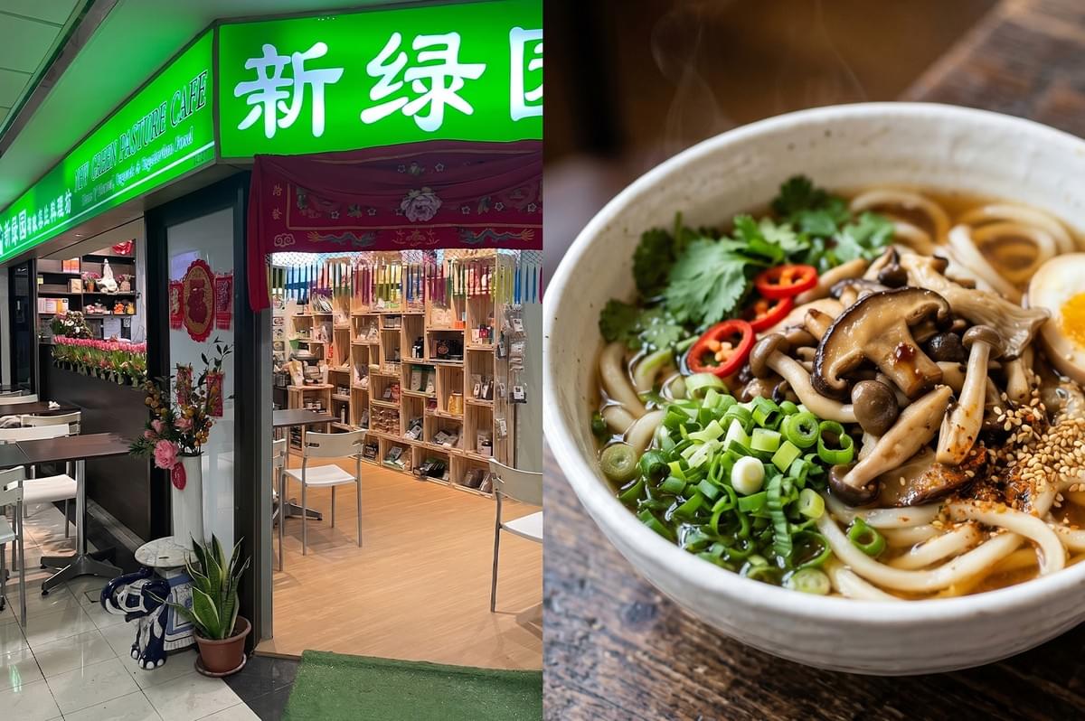 Storefront of New Green Pasture Cafe with wooden retail shelving, next to a bowl of steaming vegetarian mushroom noodle soup topped with fresh herbs and chili. Storefront of New Green Pasture Cafe with wooden retail shelving, next to a bowl of steaming vegetarian mushroom noodle soup topped with fresh herbs and chili.