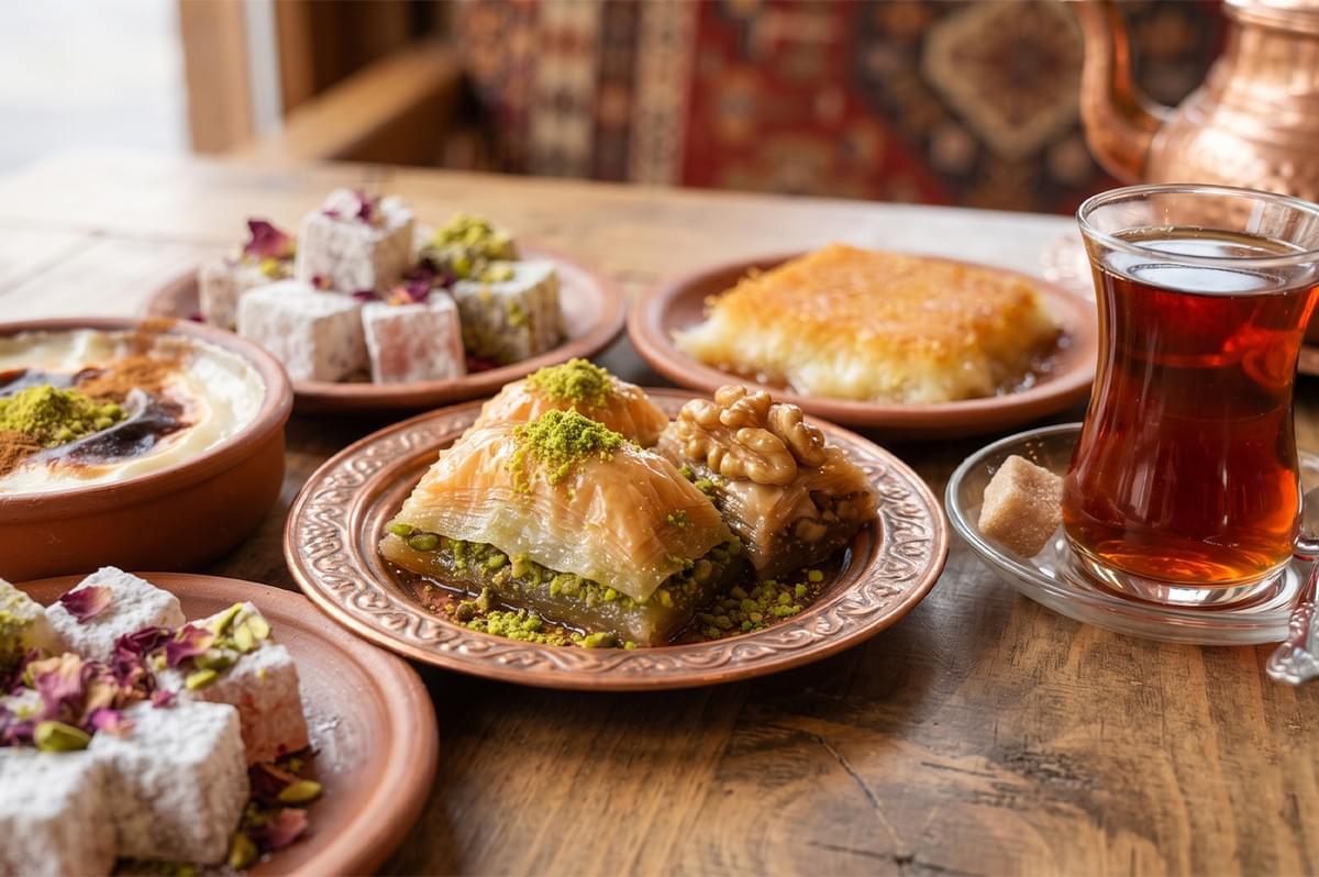 A spread of traditional Turkish desserts including baklava topped with pistachios and walnuts, Turkish delight, and a glass of Turkish tea on a wooden table. A spread of traditional Turkish desserts including baklava topped with pistachios and walnuts, Turkish delight, and a glass of Turkish tea on a wooden table.