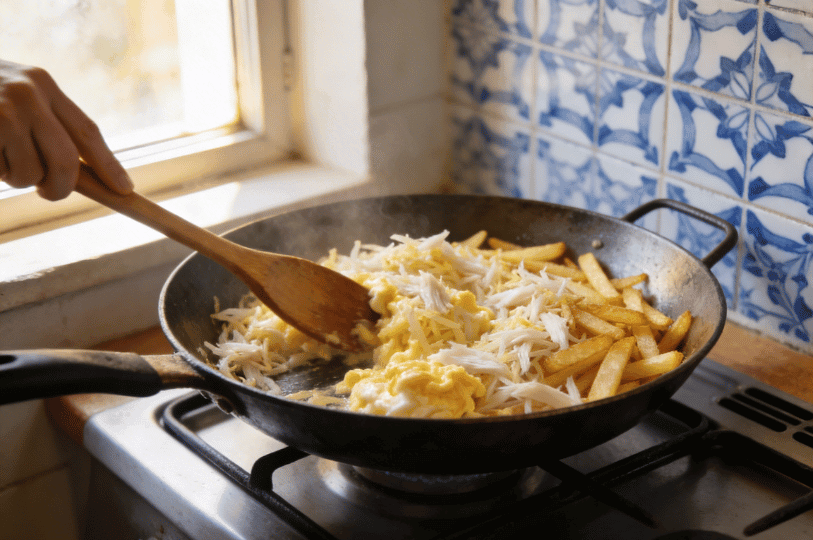 Action shot of a cook using a wooden spoon to stir-fry shredded salt cod, golden fries, and beaten eggs in a large carbon steel pan on a gas stove. Action shot of a cook using a wooden spoon to stir-fry shredded salt cod, golden fries, and beaten eggs in a large carbon steel pan on a gas stove.