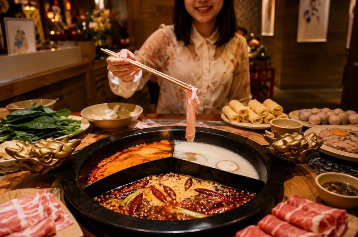 A diner dipping a thin slice of meat into a three-flavor hot pot with dragon-headed handles. A diner dipping a thin slice of meat into a three-flavor hot pot with dragon-headed handles.