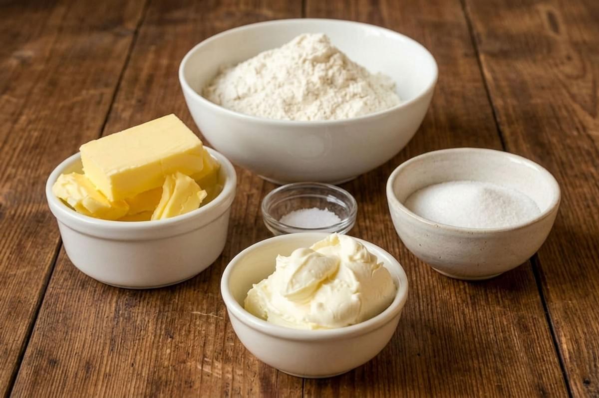 Rugelach ingredients in white bowls including flour, butter, sugar, and cream cheese on wooden table Rugelach ingredients in white bowls including flour, butter, sugar, and cream cheese on wooden table