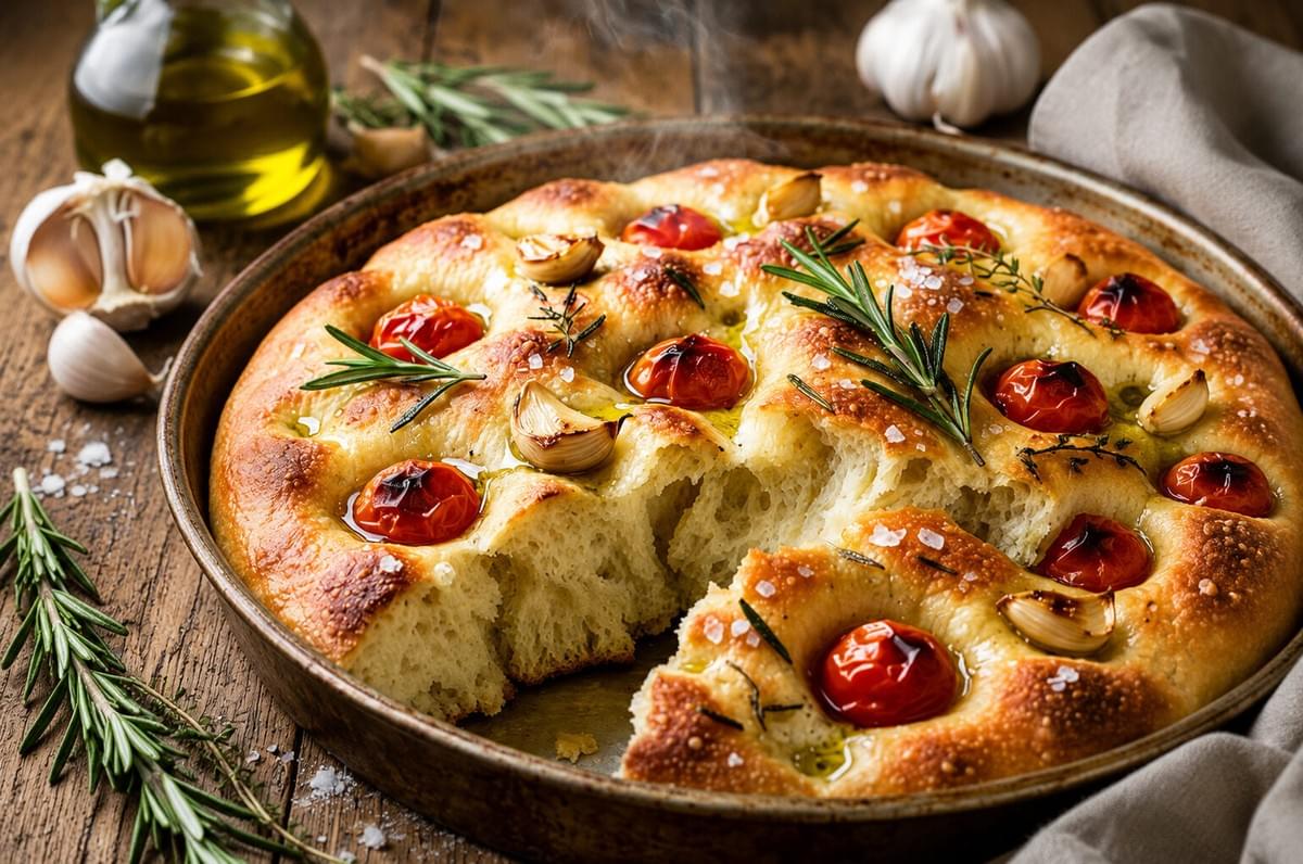 Steaming, golden-brown round focaccia bread in a baking pan with a piece cut out, topped with roasted cherry tomatoes, garlic cloves, sea salt, and fresh rosemary on a wooden table. Steaming, golden-brown round focaccia bread in a baking pan with a piece cut out, topped with roasted cherry tomatoes, garlic cloves, sea salt, and fresh rosemary on a wooden table.