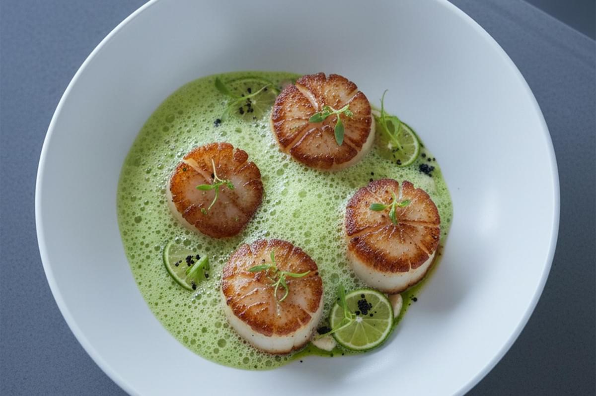 A gourmet plate of four pan-seared sea scallops served in a vibrant green pea and herb foam, garnished with thin lime slices, microgreens, and black salt. A gourmet plate of four pan-seared sea scallops served in a vibrant green pea and herb foam, garnished with thin lime slices, microgreens, and black salt.