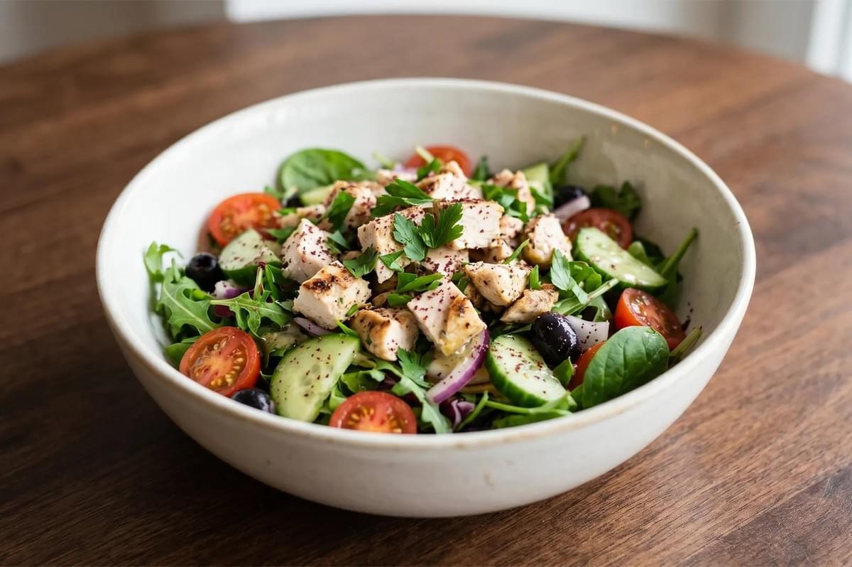 Grilled chicken salad with cherry tomatoes, cucumbers, and olives in a white bowl. Grilled chicken salad with cherry tomatoes, cucumbers, and olives in a white bowl.
