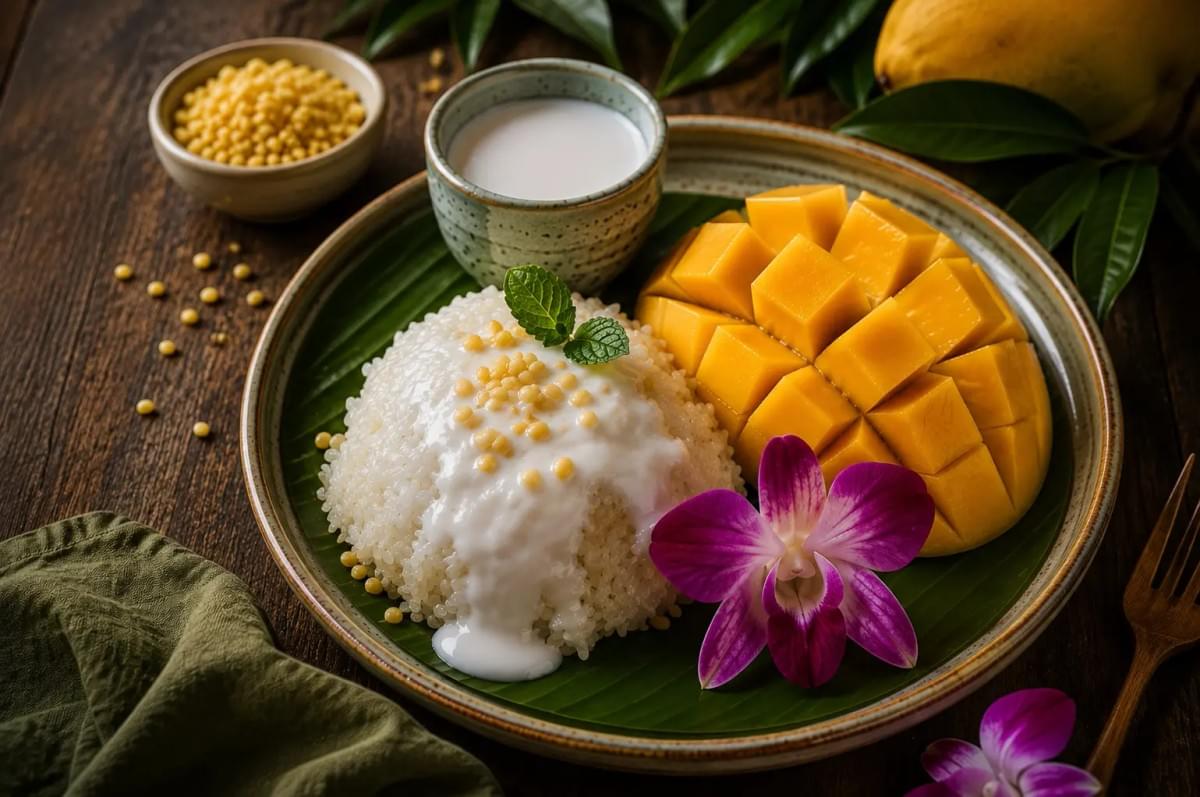Mango sticky rice served on a banana leaf plate with coconut cream and a purple orchid garnish. Mango sticky rice served on a banana leaf plate with coconut cream and a purple orchid garnish.