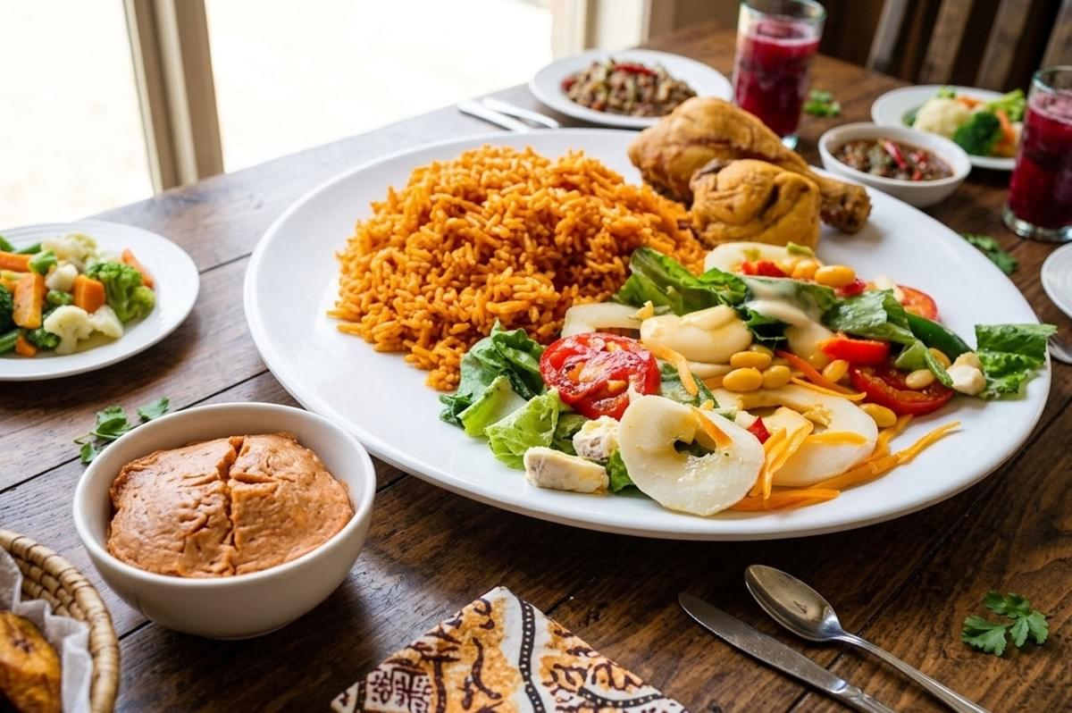 Plated meal featuring a mound of Jollof rice, grilled chicken, and fresh salad with sides Plated meal featuring a mound of Jollof rice, grilled chicken, and fresh salad with sides