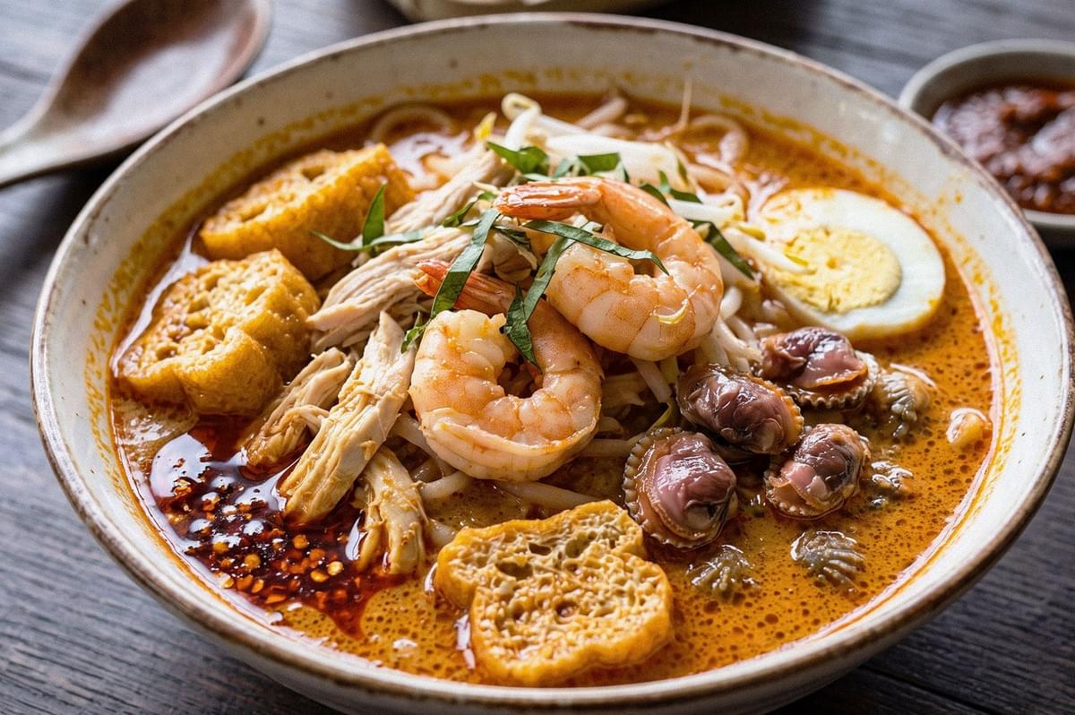 A bowl of curry laksa topped with prawns, shredded chicken, tofu puffs, bean sprouts, sliced boiled egg, and fresh herbs in a rich orange broth. A bowl of curry laksa topped with prawns, shredded chicken, tofu puffs, bean sprouts, sliced boiled egg, and fresh herbs in a rich orange broth.