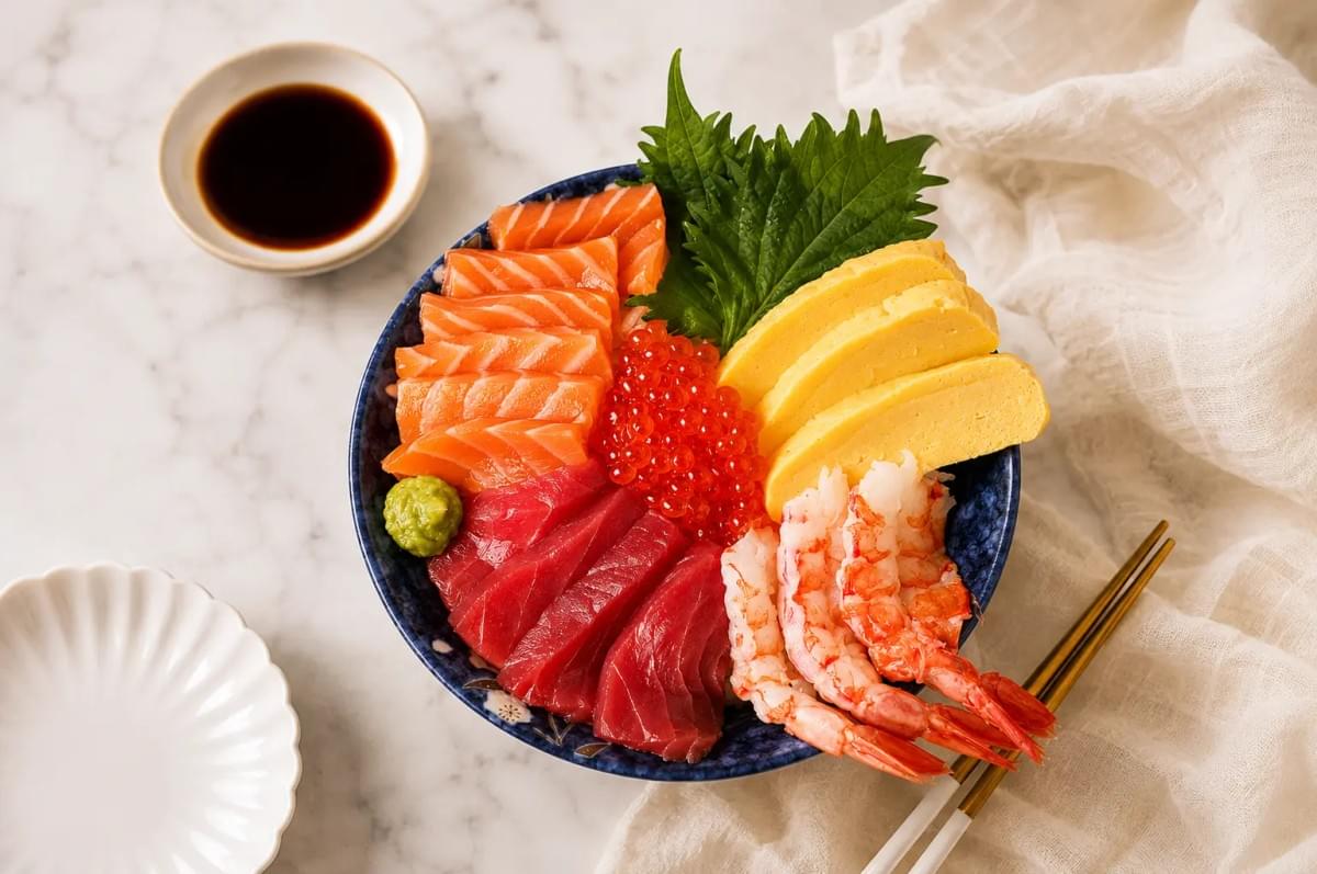 Top-down view of a Japanese chirashi bowl with neatly arranged slices of salmon, tuna, cooked shrimp, tamago, and salmon roe. Top-down view of a Japanese chirashi bowl with neatly arranged slices of salmon, tuna, cooked shrimp, tamago, and salmon roe.