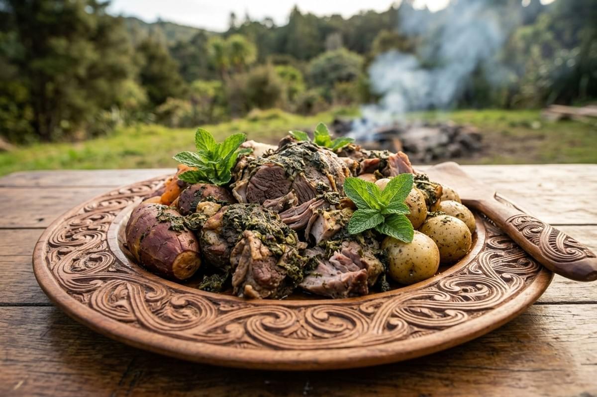 Traditional Maori carved wooden plate serving hangi meat and vegetables with a smoky fire pit in the background Traditional Maori carved wooden plate serving hangi meat and vegetables with a smoky fire pit in the background