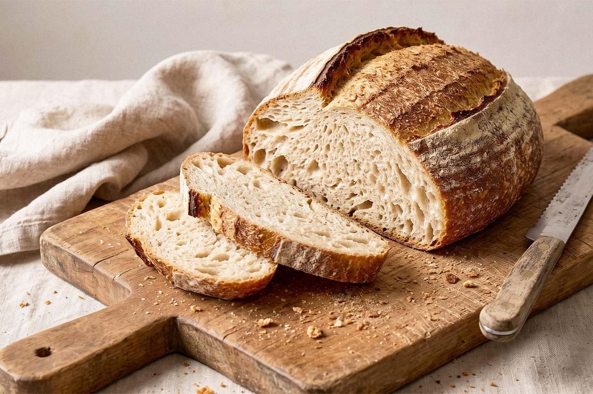 A rustic loaf of crusty bread with two slices on a wooden cutting board beside a bread knife. A rustic loaf of crusty bread with two slices on a wooden cutting board beside a bread knife.