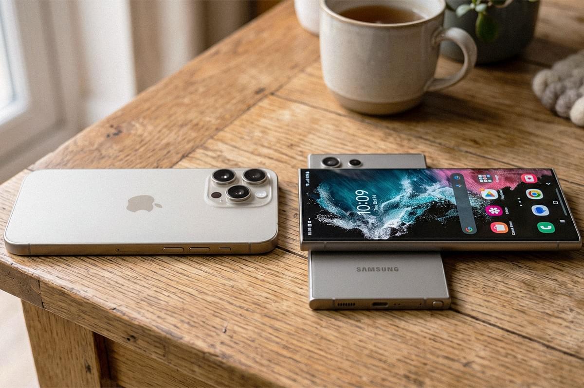 iPhone and Samsung smartphones placed on a wooden table beside coffee cups. iPhone and Samsung smartphones placed on a wooden table beside coffee cups.