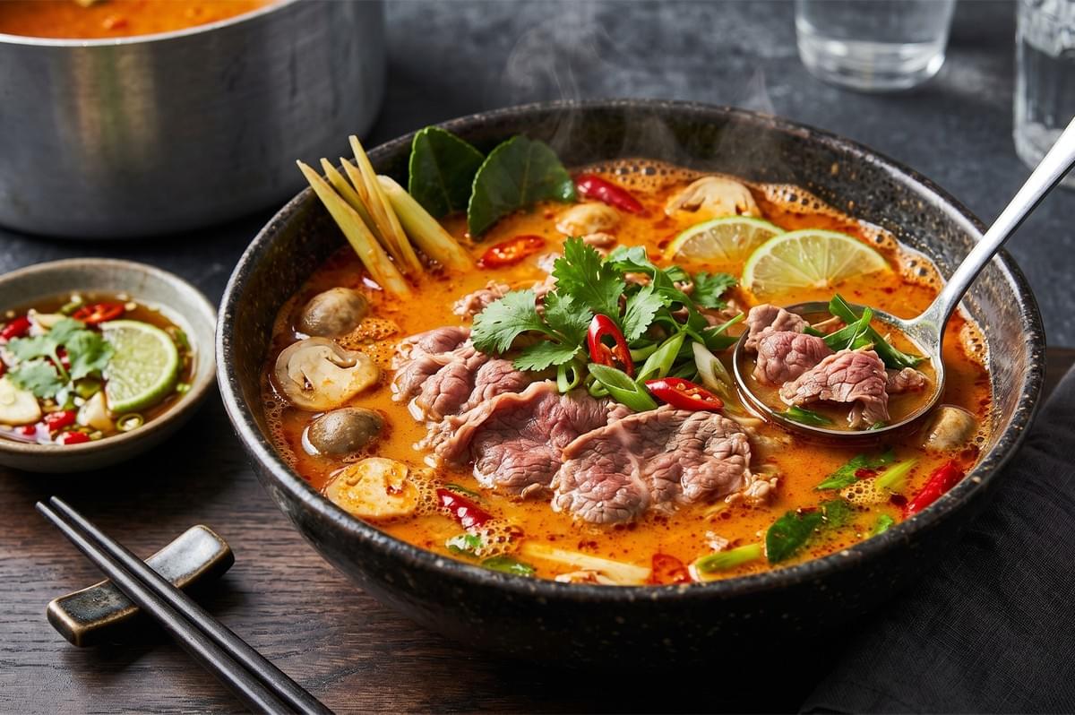 Spicy Thai hot and sour soup (Tom Yum Soup) with beef slices, lime wheels, red chili peppers, and a metal ladle dipping into a dark ceramic bowl. Spicy Thai hot and sour soup (Tom Yum Soup) with beef slices, lime wheels, red chili peppers, and a metal ladle dipping into a dark ceramic bowl.