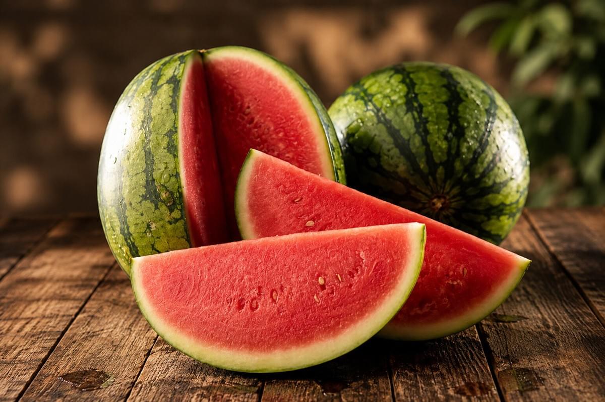 Whole and sliced fresh watermelons arranged on a rustic wooden table. Whole and sliced fresh watermelons arranged on a rustic wooden table.