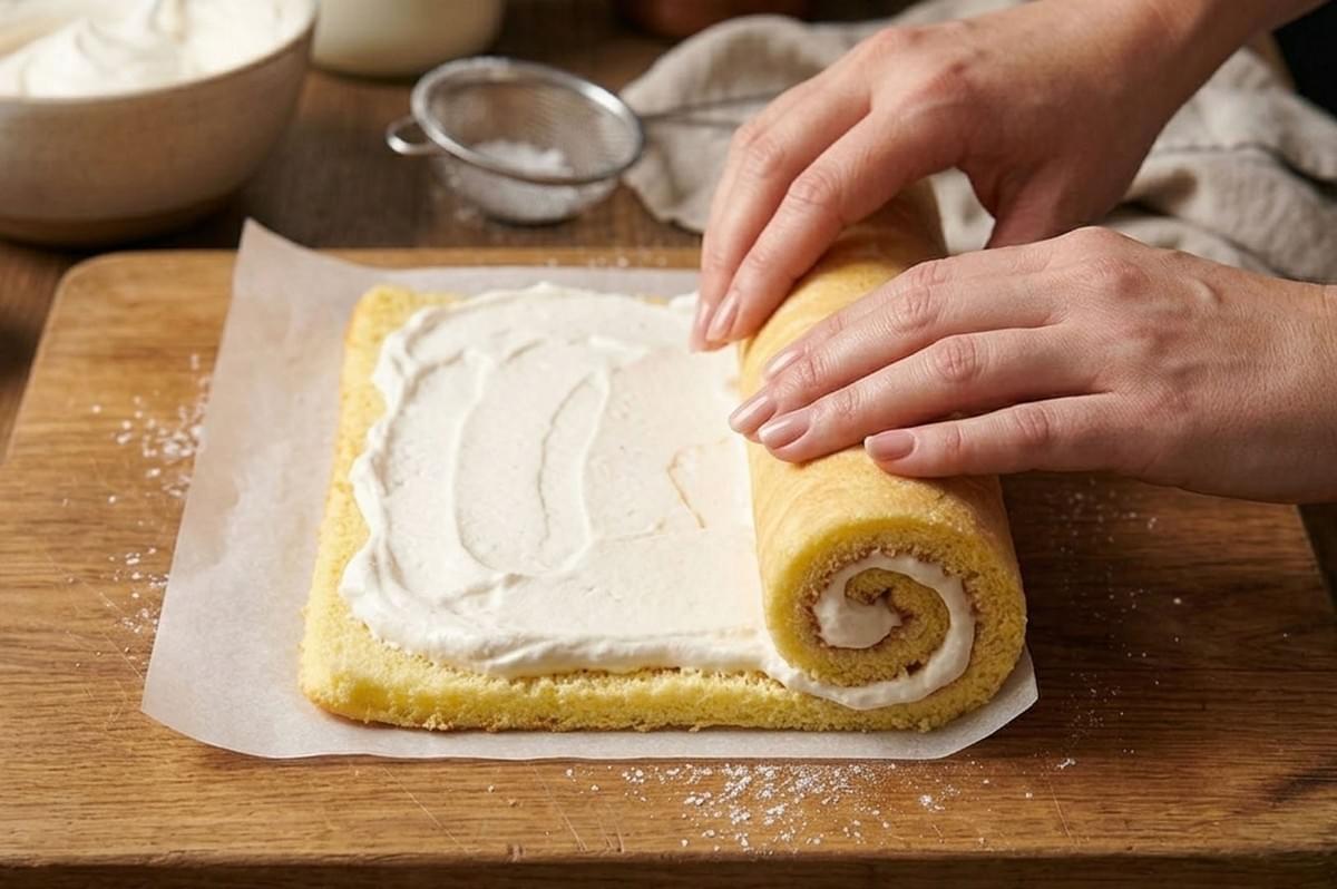 Hands carefully rolling a sponge cake sheet with cream filling on parchment paper to form a Swiss roll Hands carefully rolling a sponge cake sheet with cream filling on parchment paper to form a Swiss roll