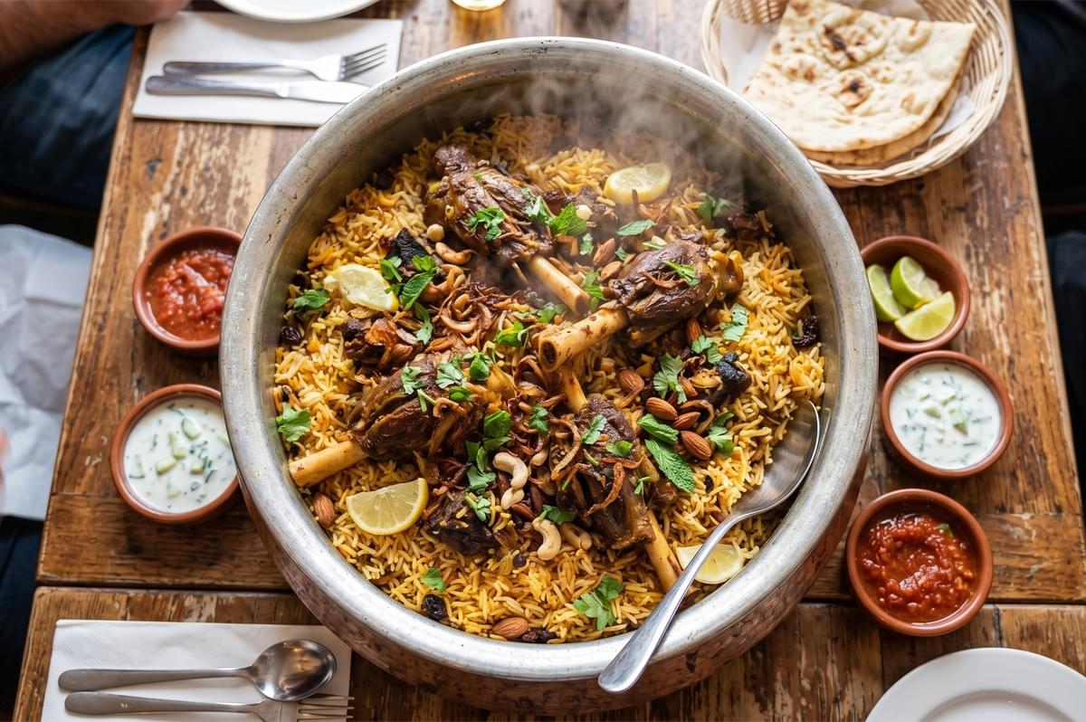 A large, steaming pot of traditional lamb biryani served with long-grain basmati rice, roasted nuts, fresh mint, and lemon wedges, surrounded by side dishes of raita, chutney, and naan bread. A large, steaming pot of traditional lamb biryani served with long-grain basmati rice, roasted nuts, fresh mint, and lemon wedges, surrounded by side dishes of raita, chutney, and naan bread.