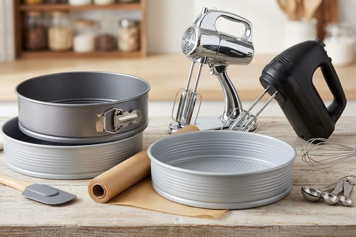 Baking tools and springform pans arranged on countertop for making Basque burnt cheesecake Baking tools and springform pans arranged on countertop for making Basque burnt cheesecake