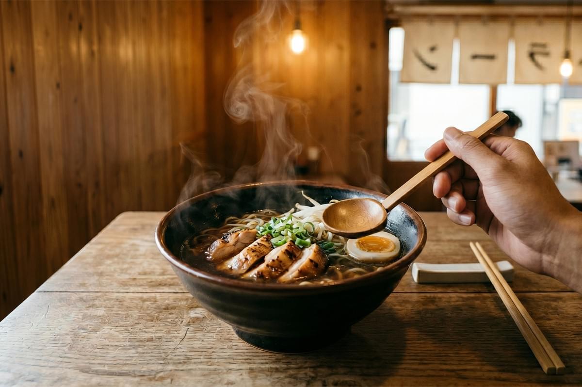 A hand holding a wooden spoon over a steaming bowl of ramen with grilled chicken, egg, and green onions at a restaurant. A hand holding a wooden spoon over a steaming bowl of ramen with grilled chicken, egg, and green onions at a restaurant.