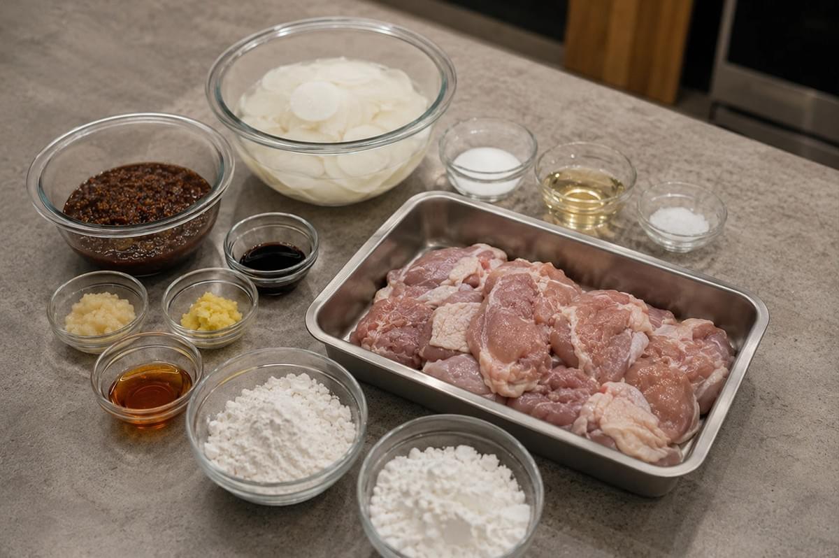 A clean, organized mise en place shot is presented from a high angle on a smooth grey countertop, displaying all the raw ingredients for the recipe. A central rectangular stainless steel tray holds several raw, skin-on chicken thighs, surrounded by an assortment of clear glass bowls filled with ingredients: a large bowl of thick, dark brown shoyu koji sauce; a large bowl of sliced daikon radish soaking in water; two smaller bowls of white flour or starch; and several tiny prep bowls containing soy sauce, sesame oil, grated garlic, grated ginger, sugar, rice vinegar, and salt. A clean, organized mise en place shot is presented from a high angle on a smooth grey countertop, displaying all the raw ingredients for the recipe. A central rectangular stainless steel tray holds several raw, skin-on chicken thighs, surrounded by an assortment of clear glass bowls filled with ingredients: a large bowl of thick, dark brown shoyu koji sauce; a large bowl of sliced daikon radish soaking in water; two smaller bowls of white flour or starch; and several tiny prep bowls containing soy sauce, sesame oil, grated garlic, grated ginger, sugar, rice vinegar, and salt.