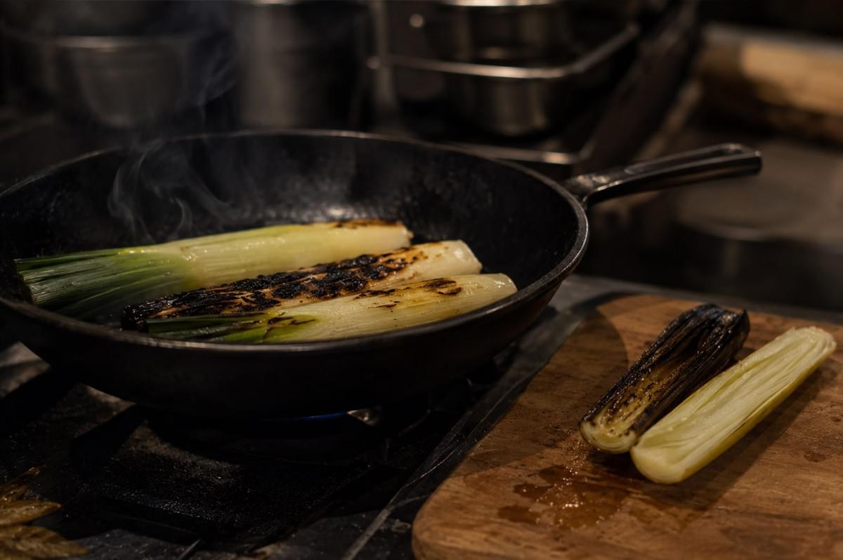 A moody, low-angle shot captures three whole leeks charring over an open flame inside a dark cast-iron skillet on a gas stove, with wisps of steam rising into the air. One of the leeks exhibits deeply blackened, blistered skin from the high heat, contrasted by the bright green leaves. In the lower right foreground, a wooden board holds a cross-section slice of a leek showing its charred outer layer and soft, pale green interior alongside a whole peeled leek core. A moody, low-angle shot captures three whole leeks charring over an open flame inside a dark cast-iron skillet on a gas stove, with wisps of steam rising into the air. One of the leeks exhibits deeply blackened, blistered skin from the high heat, contrasted by the bright green leaves. In the lower right foreground, a wooden board holds a cross-section slice of a leek showing its charred outer layer and soft, pale green interior alongside a whole peeled leek core.
