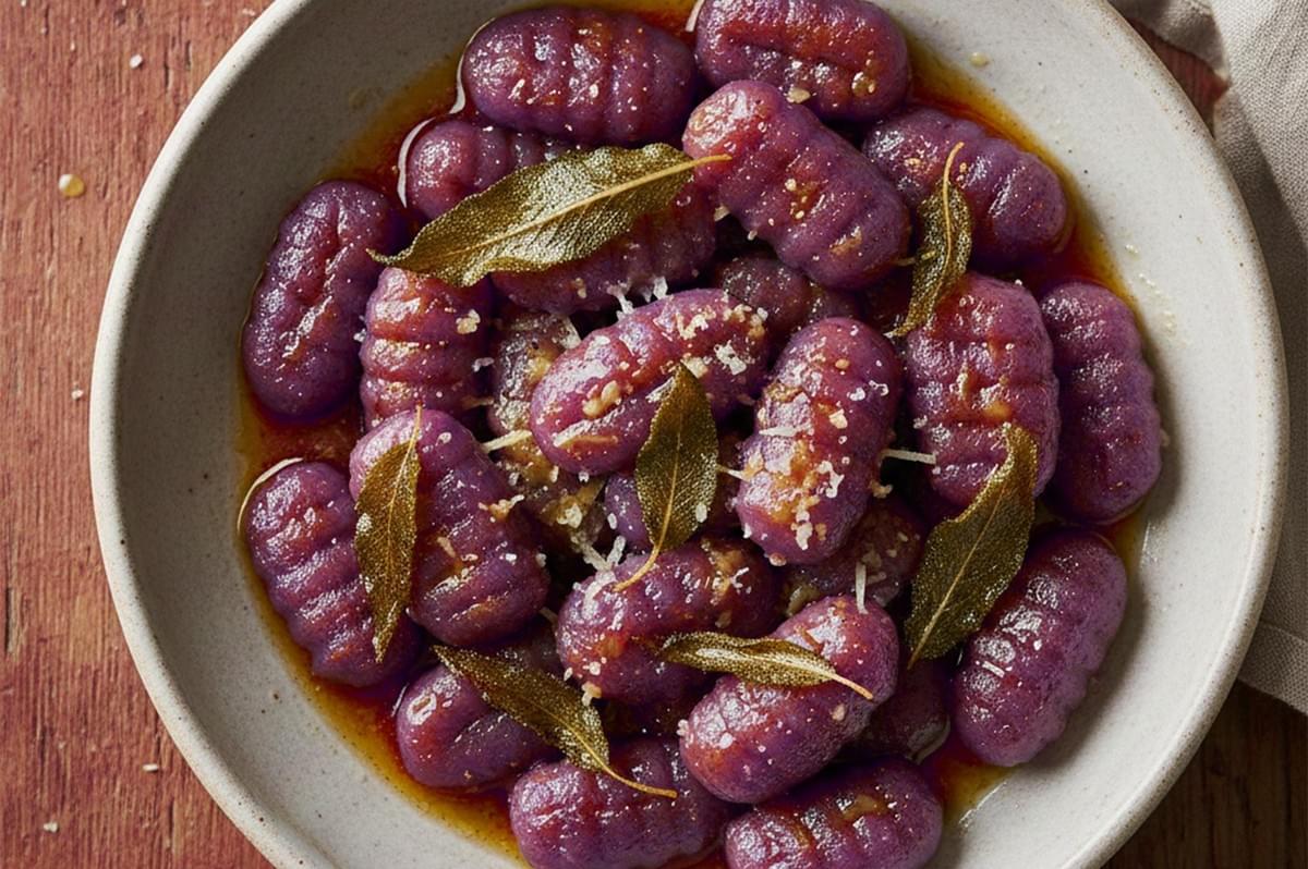 Close-up overhead shot of purple yam gnocchi coated in brown butter sauce with crispy sage leaves and grated parmesan. Close-up overhead shot of purple yam gnocchi coated in brown butter sauce with crispy sage leaves and grated parmesan.