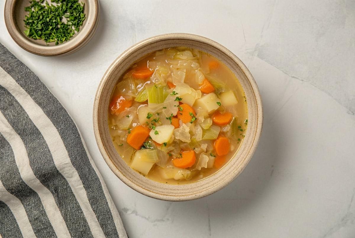 Top-down view of a ceramic bowl filled with homemade cabbage, carrot, and potato soup. Top-down view of a ceramic bowl filled with homemade cabbage, carrot, and potato soup.