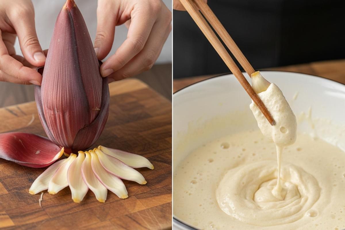 A split-screen showing the preparation of vegan fish: peeling a fresh banana blossom flower and dipping a petal into a bowl of tempura batter. A split-screen showing the preparation of vegan fish: peeling a fresh banana blossom flower and dipping a petal into a bowl of tempura batter.