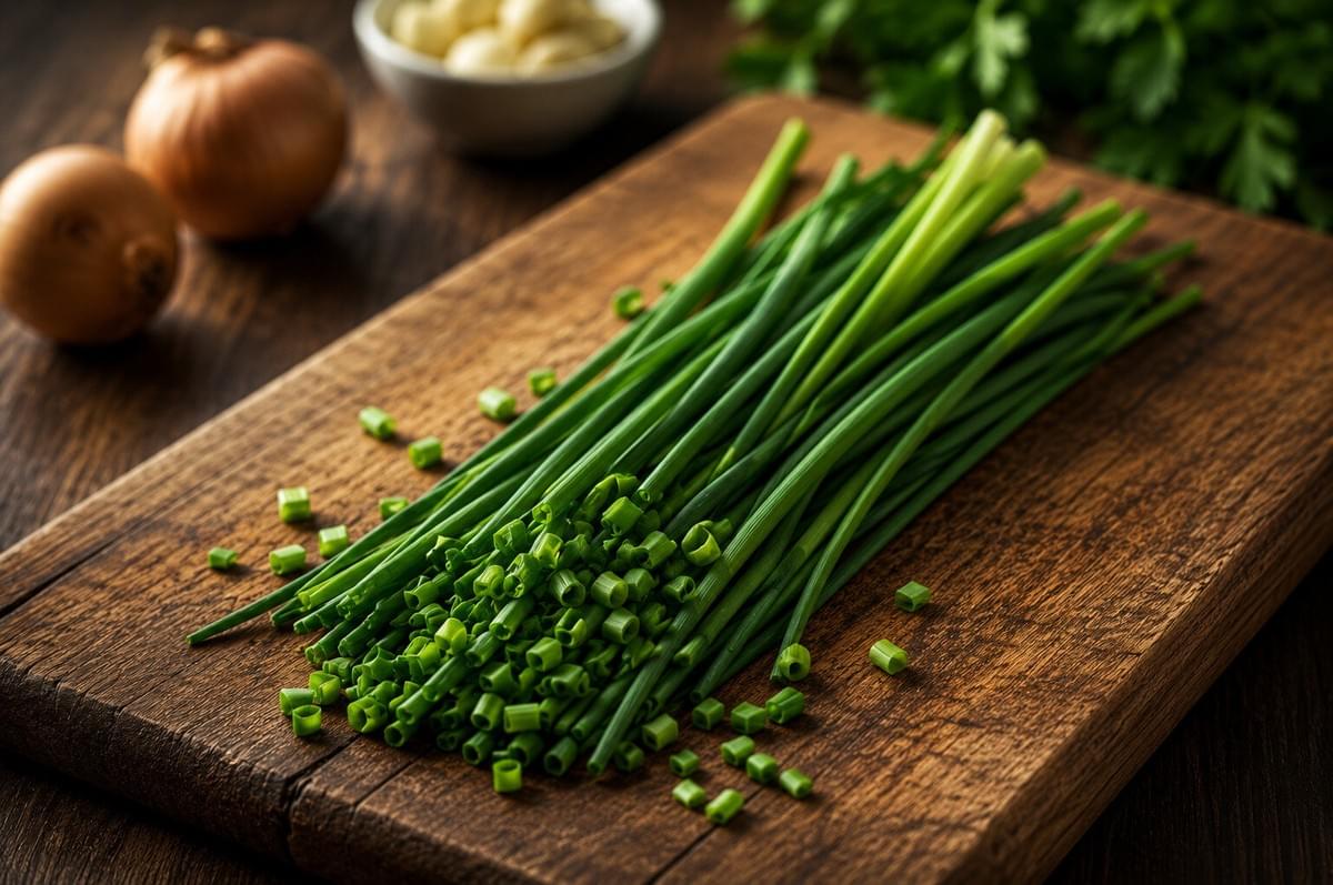 Fresh whole and finely chopped chives on a wooden cutting board with yellow onions in the background. Fresh whole and finely chopped chives on a wooden cutting board with yellow onions in the background.