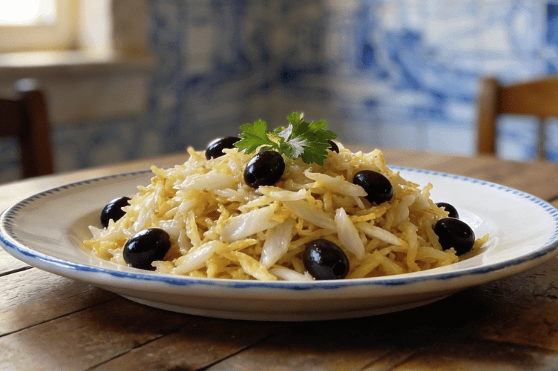 A finished plate of Bacalhau à Brás served in a traditional Portuguese setting with blue "azulejo" tiles in the background, garnished generously with black olives. A finished plate of Bacalhau à Brás served in a traditional Portuguese setting with blue "azulejo" tiles in the background, garnished generously with black olives.