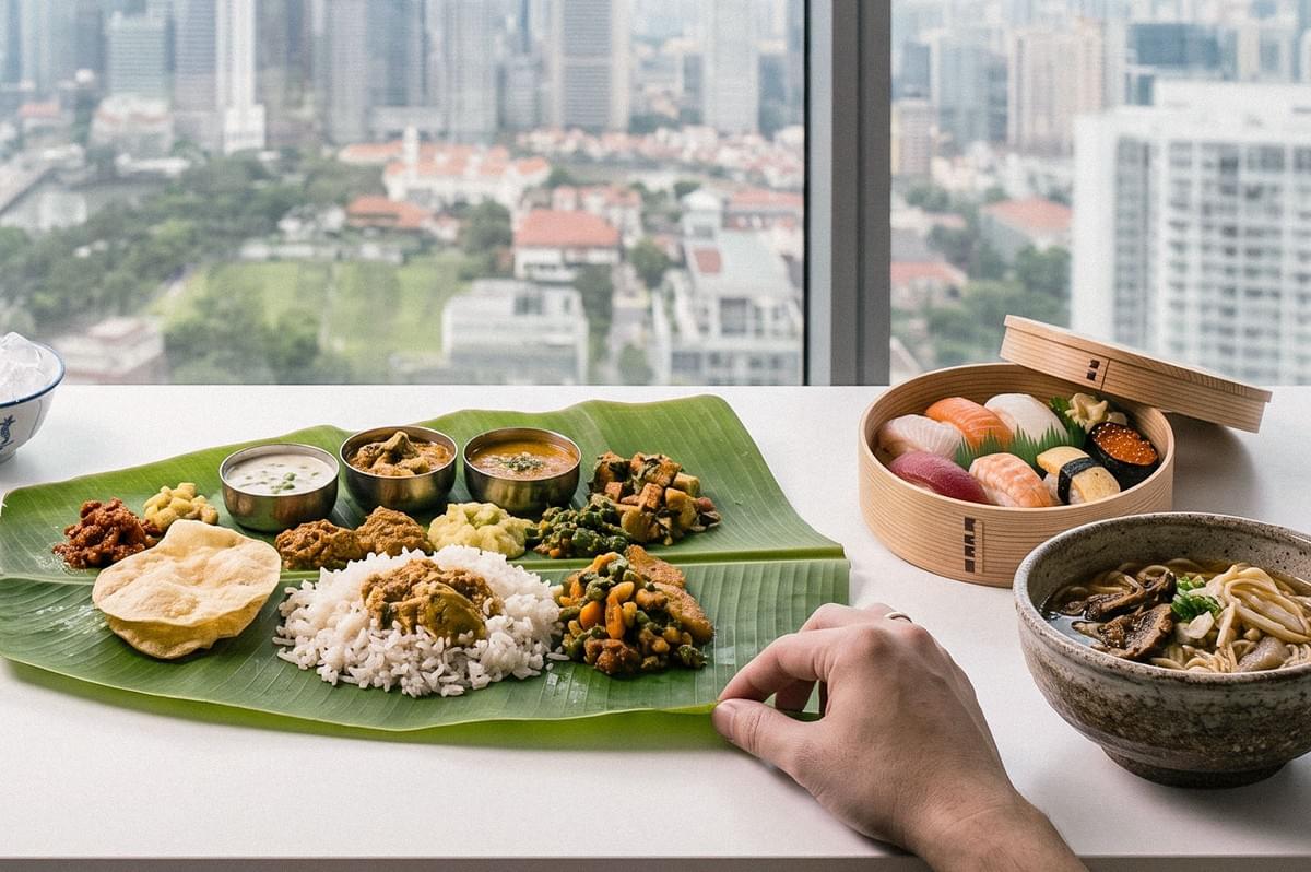 Assorted Asian dishes served on a white table, including food arranged on banana leaves, sushi in a bamboo steamer, and a bowl of noodles, with a city view in the background. Assorted Asian dishes served on a white table, including food arranged on banana leaves, sushi in a bamboo steamer, and a bowl of noodles, with a city view in the background.