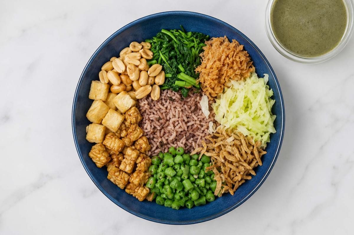 Top-down view of a colorful Thunder Tea Rice bowl with red rice, tofu, tempeh, greens, and peanuts on a marble surface Top-down view of a colorful Thunder Tea Rice bowl with red rice, tofu, tempeh, greens, and peanuts on a marble surface